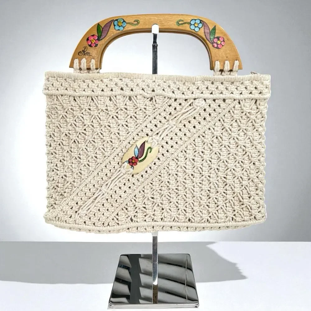 Vintage 70s Macrame Handbag Cream Boho Purse Painted Wooden Handles Folk Art